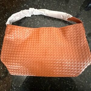 Camel Vegan Leather Woven Women's Shoulder Bag